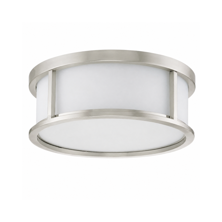 Nuvo Odeon ES flush mount with brushed nickel rings and a white drum diffuser