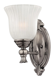 Hinkley Francoise 5580PL wall sconce with ribbed white glass, a beaded oval backplate and polished antique nickel scrollwork