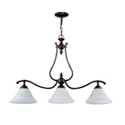 DVI Lighting Devonshire DVP7402ORB-OP linear ceiling fixture with bronze curved arms and three white glass shades