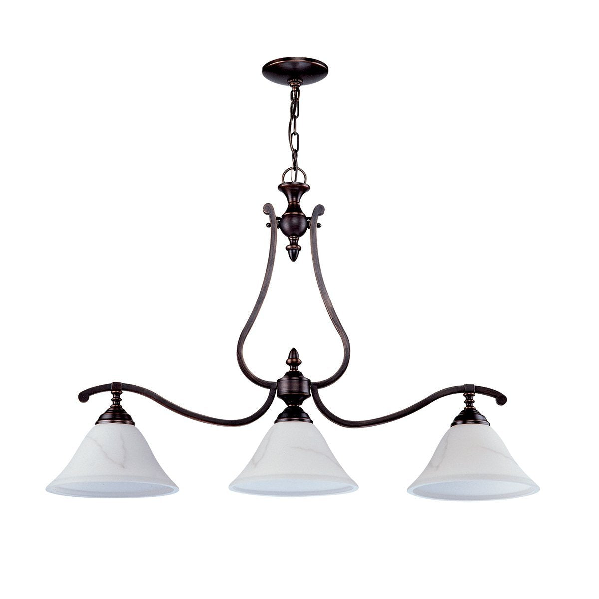 DVI Lighting Devonshire DVP7402ORB-OP linear ceiling fixture with bronze curved arms and three white glass shades