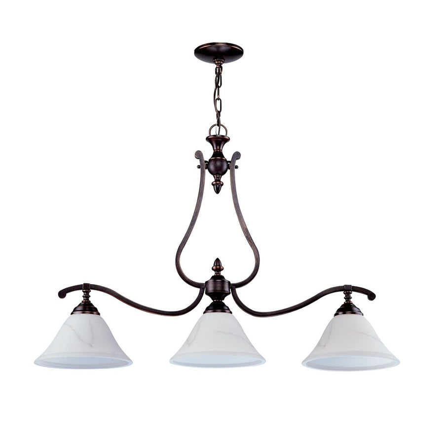 DVI Lighting Devonshire DVP7402ORB-OP linear ceiling fixture with bronze curved arms and three white glass shades
