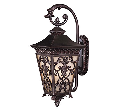 Savoy House Renaissance Guild outdoor wall lantern with ornate scrollwork, pale panels and a curled overhead arm.