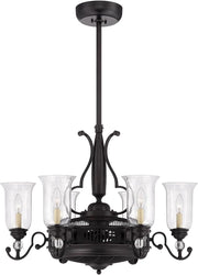 Savoy House Easton English Bronze fandelier with a central fan housing, curved light arms and clear shades