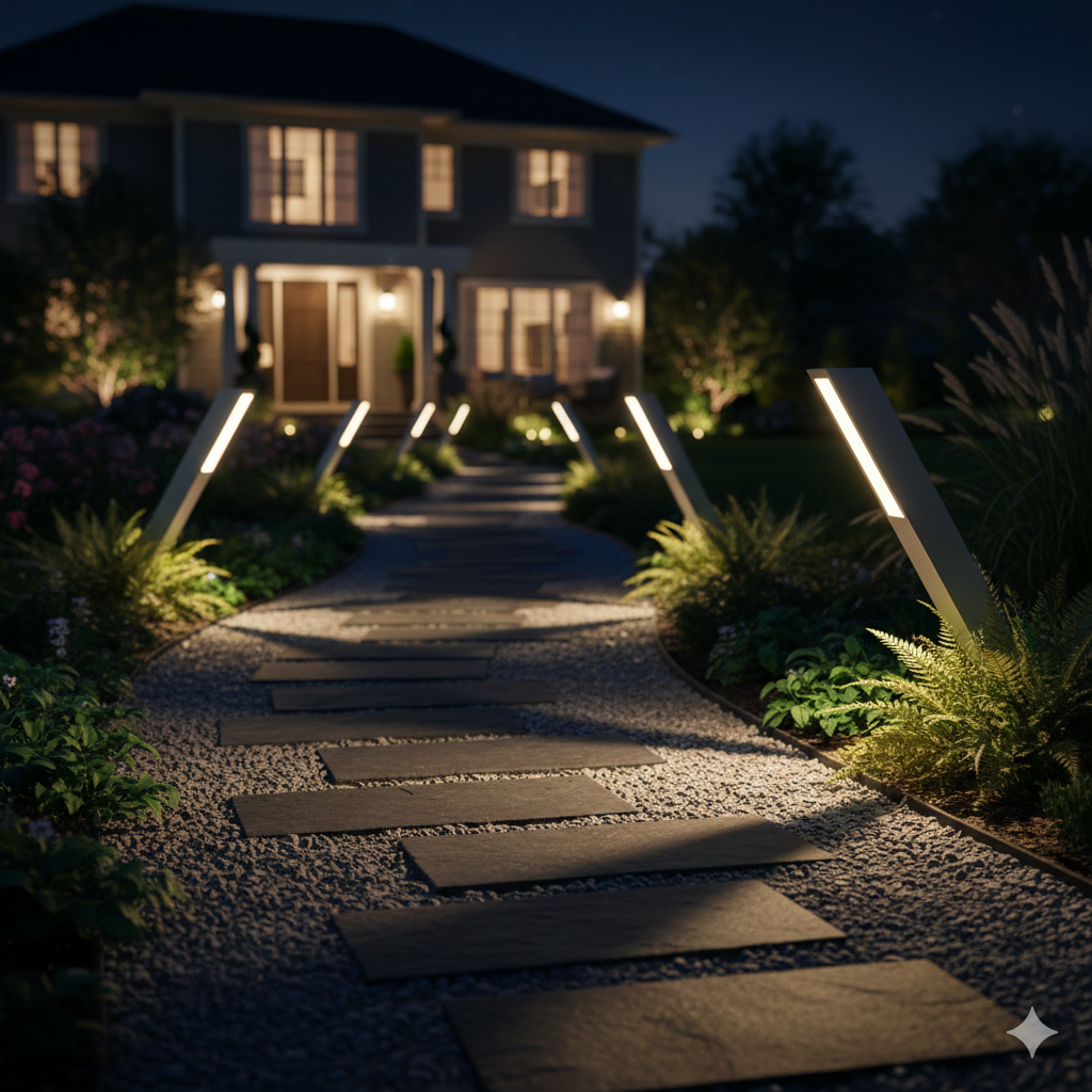 Piza low voltage LED path light staked in a planted garden bed