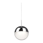 Kuzco Pluto mini pendant with a polished chrome upper hemisphere, pale lower diffuser and slender suspension cord.
