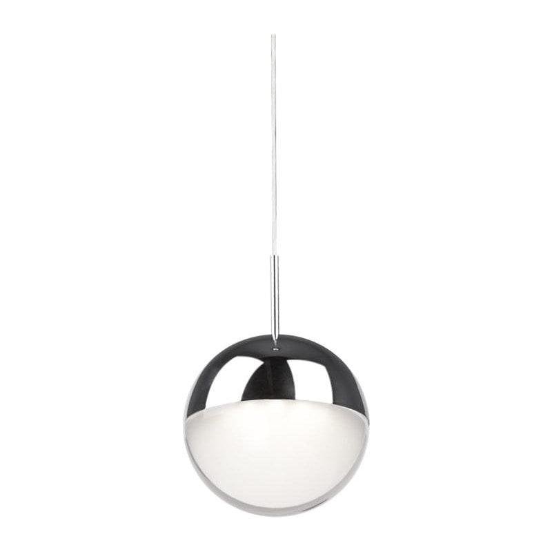 Kuzco Pluto mini pendant with a polished chrome upper hemisphere, pale lower diffuser and slender suspension cord.