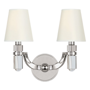 Hudson Valley Dayton wall sconce with two white shades, clear columns and Polished Nickel arms