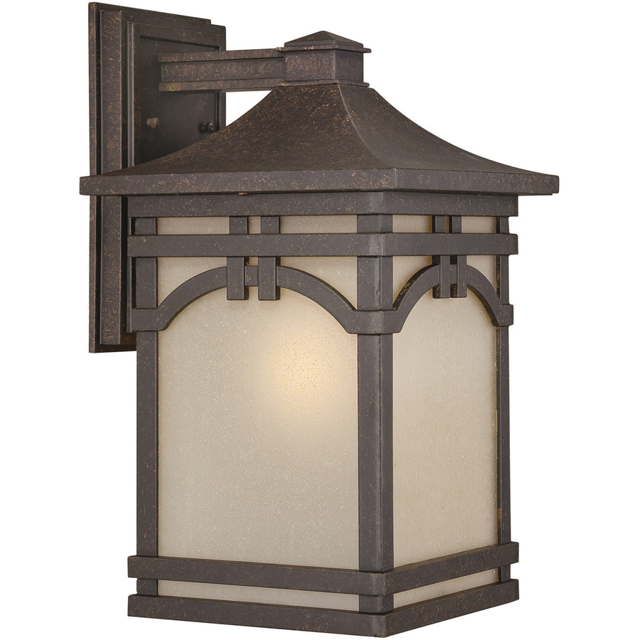 Quoizel ETN8410IB wall lantern with frosted panels and an arched Imperial Bronze frame.