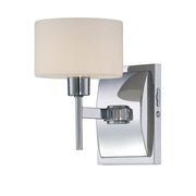 Quoizel Asheton AST8601C wall sconce, angled view of its opal shade and polished chrome stem and backplate.