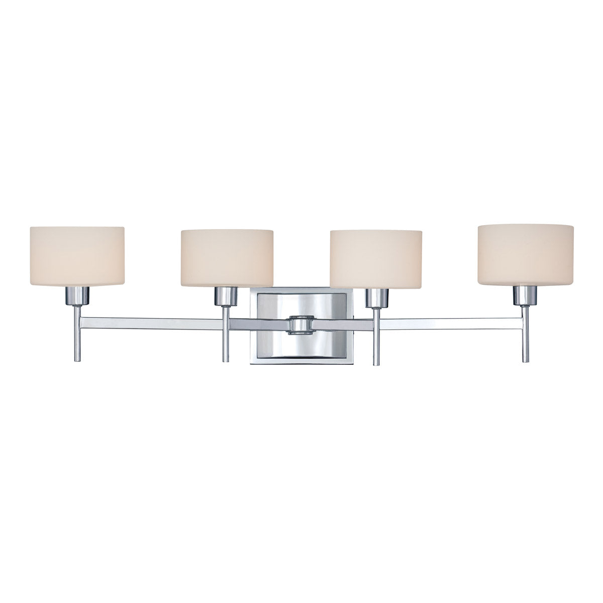 Quoizel Asheton AST8604C vanity light, front view with four opal drum shades and a polished chrome bar.