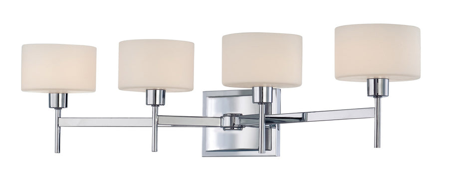 Angled view of the Quoizel Asheton AST8604C four-shade chrome vanity light.