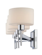 End-on detail of the Quoizel Asheton AST8604C showing its aligned opal shades and projecting chrome bar.