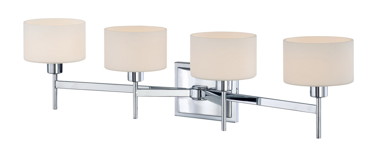 Elevated angled view of the Quoizel Asheton AST8604C with four opal shades and chrome stems.
