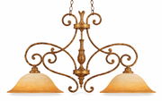 Quoizel BQ242AQ island light with gold scrollwork and two amber bell shades