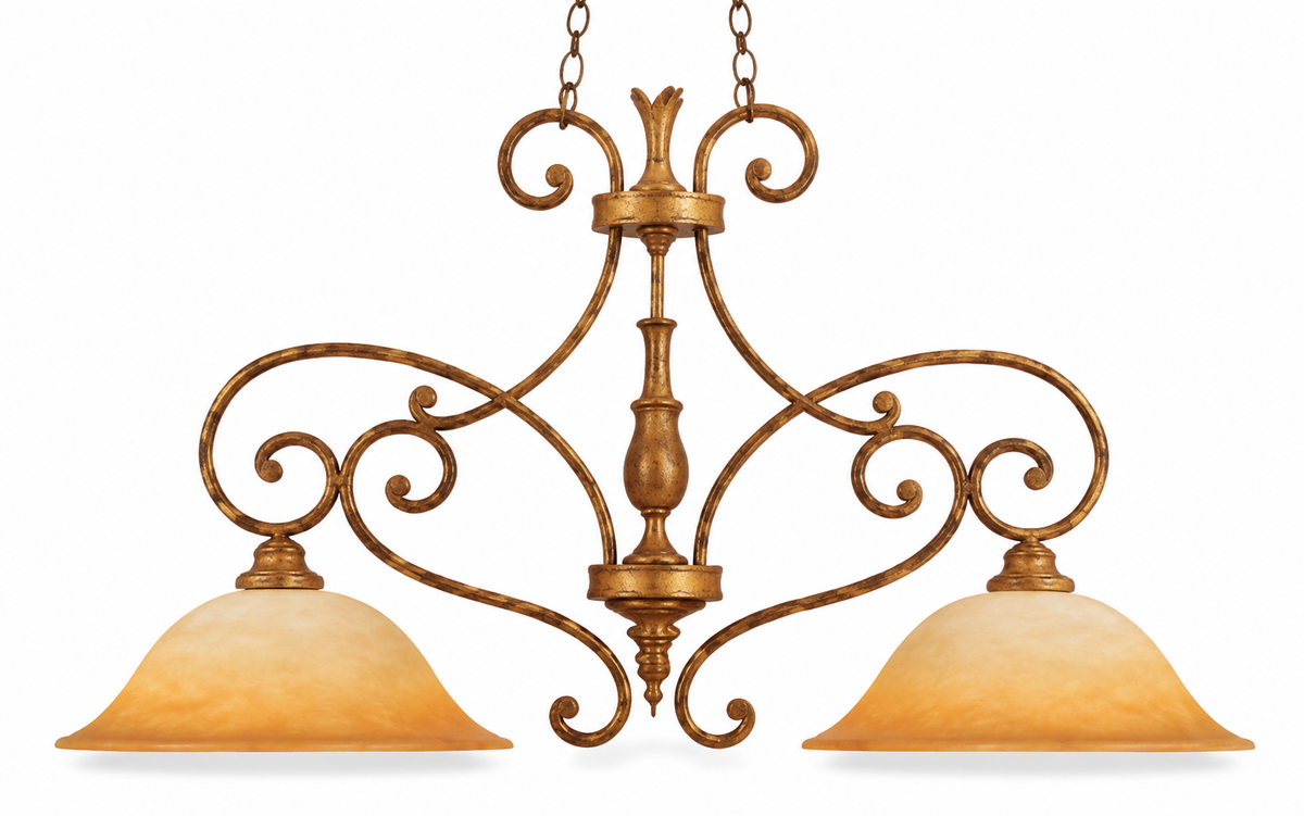 Quoizel BQ242AQ island light with gold scrollwork and two amber bell shades