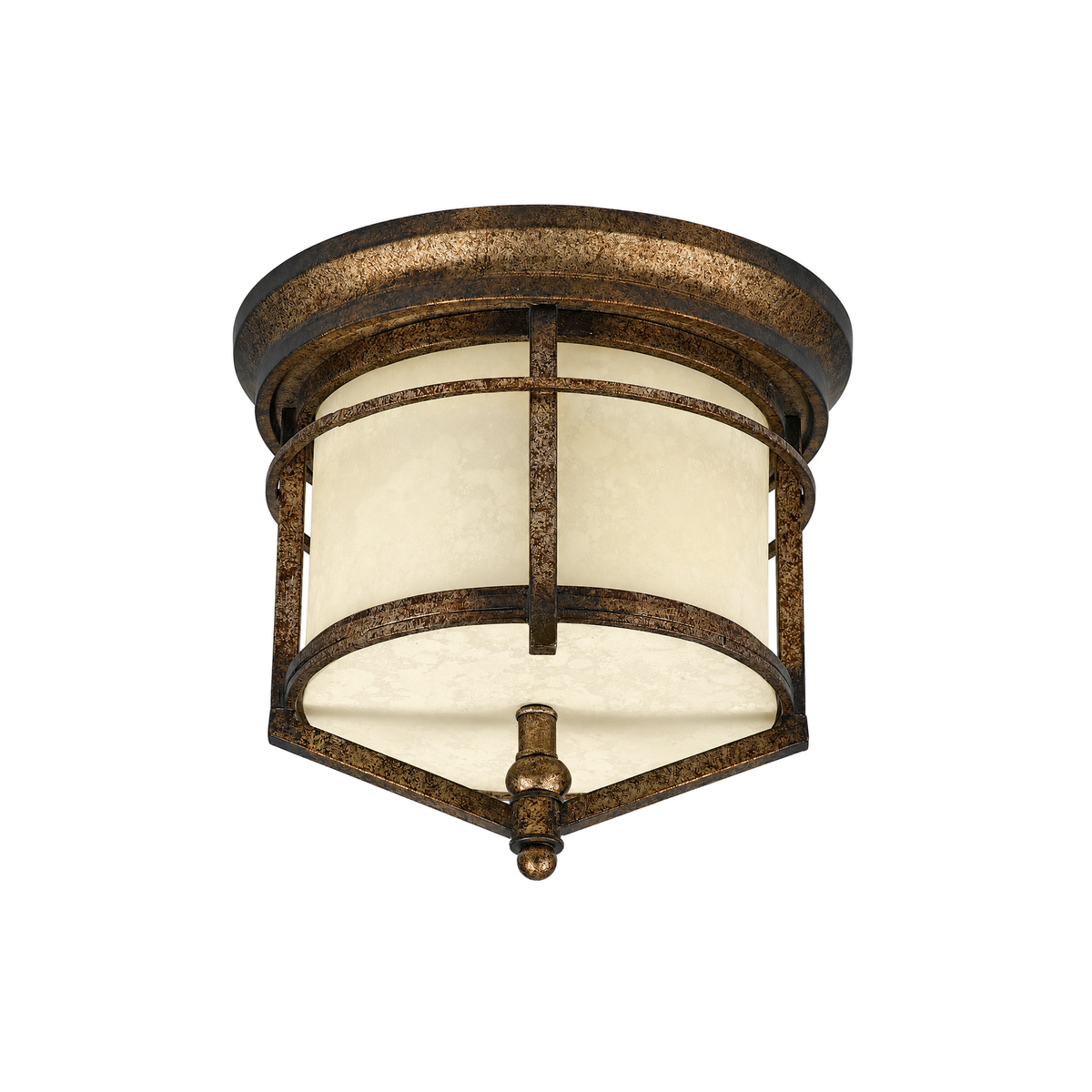 Quoizel BX1613DS flush mount with cream glass, a cage-style frame and decorative finial.