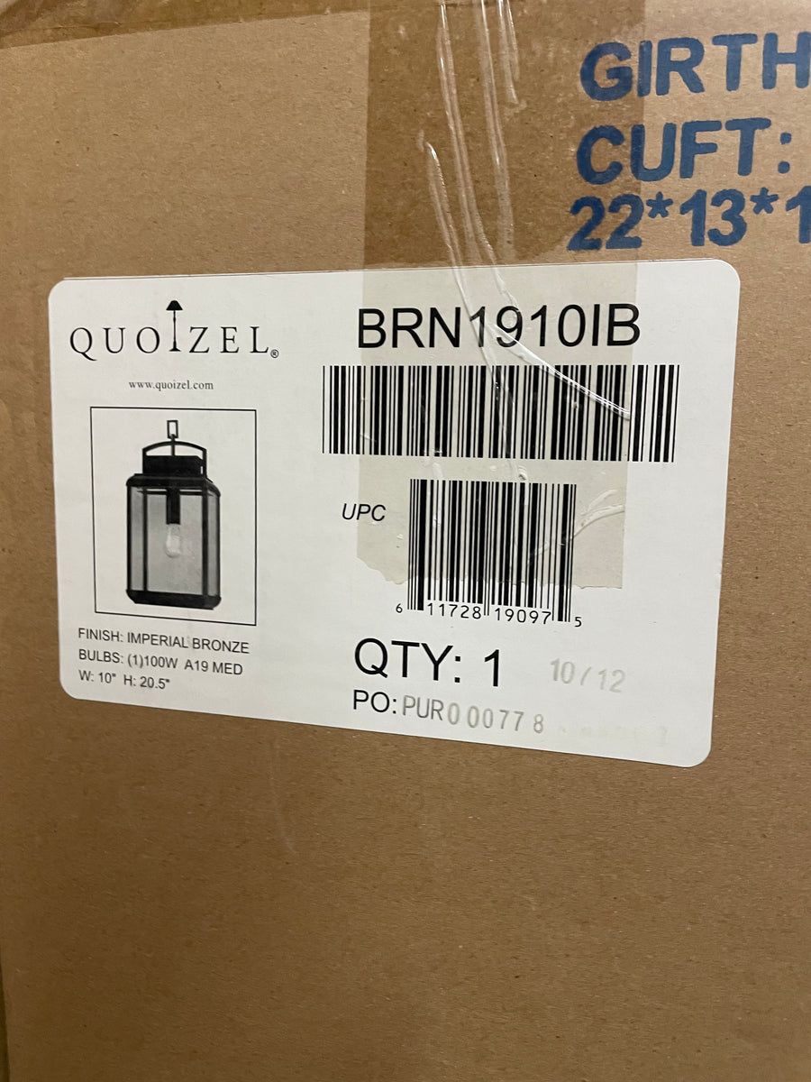 User-supplied Quoizel BRN1910IB carton label showing Imperial Bronze finish and UPC 611728190975