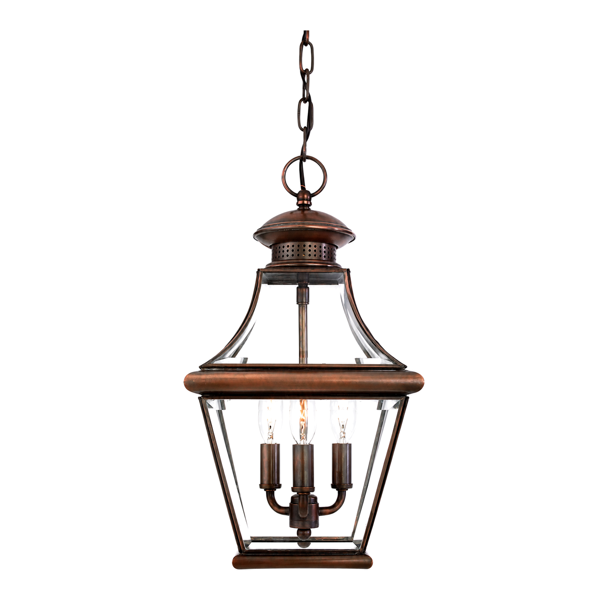 Quoizel Carleton CAR1801AC hanging lantern with Aged Copper framing, clear beveled glass and three candle-style lamps.