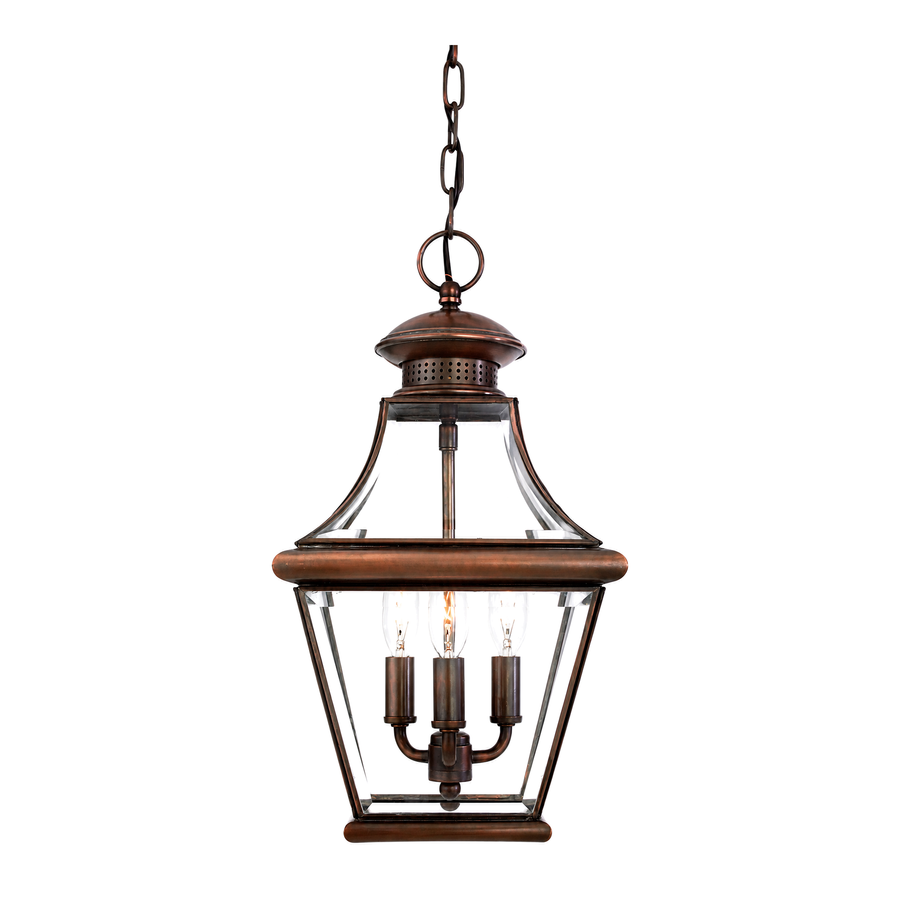 Quoizel Carleton CAR1801AC hanging lantern with Aged Copper framing, clear beveled glass and three candle-style lamps.