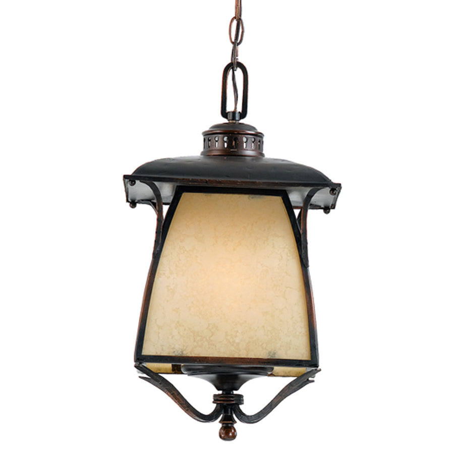 Quoizel Cozy Cottage CZ1911BD three-light hanging lantern in Burnished Copper with amber scavo glass