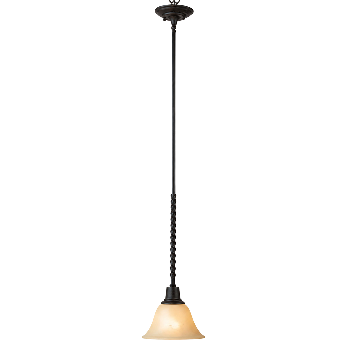 Quoizel Caballero pendant with a long dark stem, twisted detailing and a flared amber shade