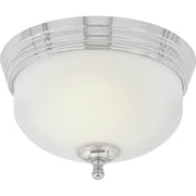 Quoizel Demitri flush mount with a rounded white diffuser, layered Polished Chrome rim and central finial