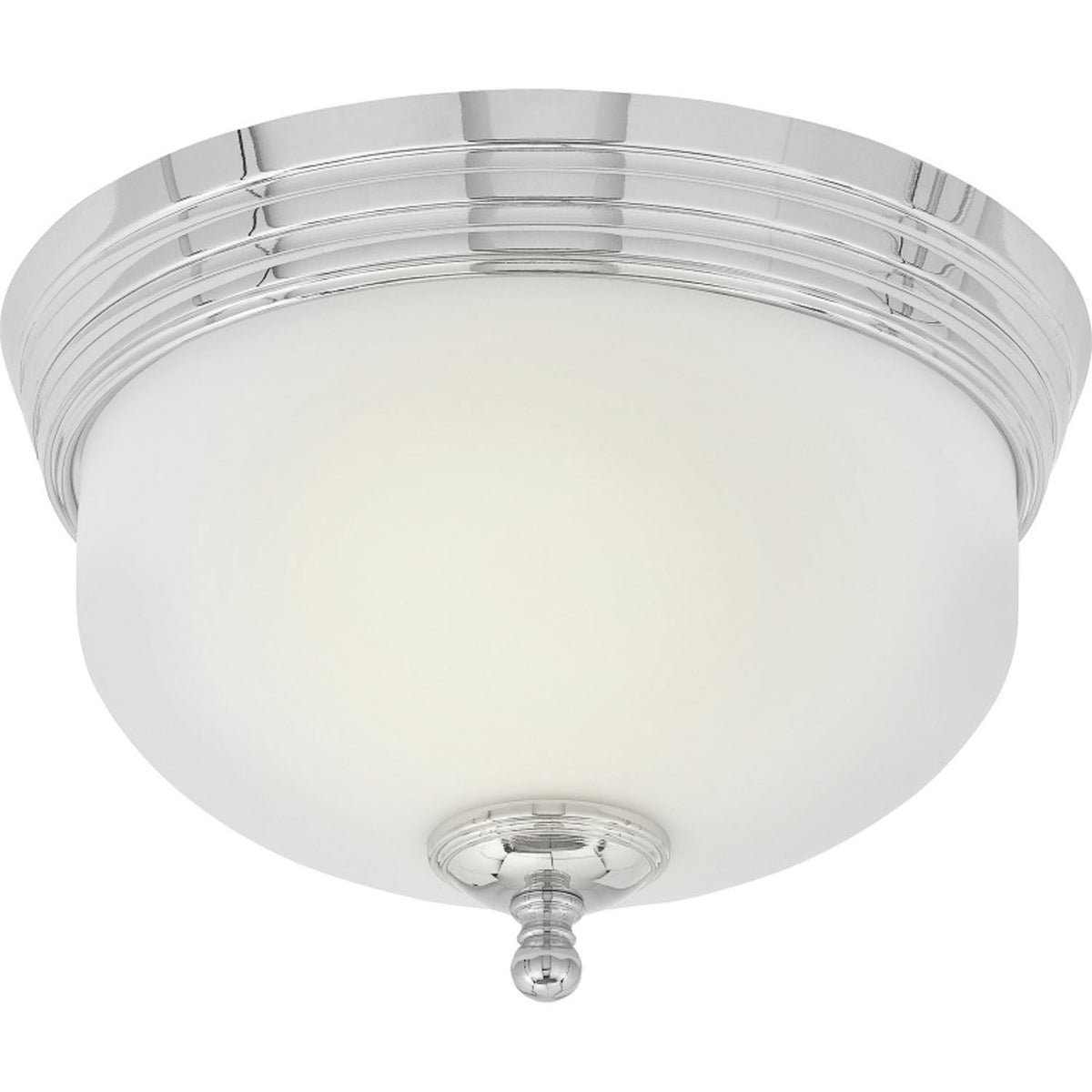 Quoizel Demitri flush mount with a rounded white diffuser, layered Polished Chrome rim and central finial