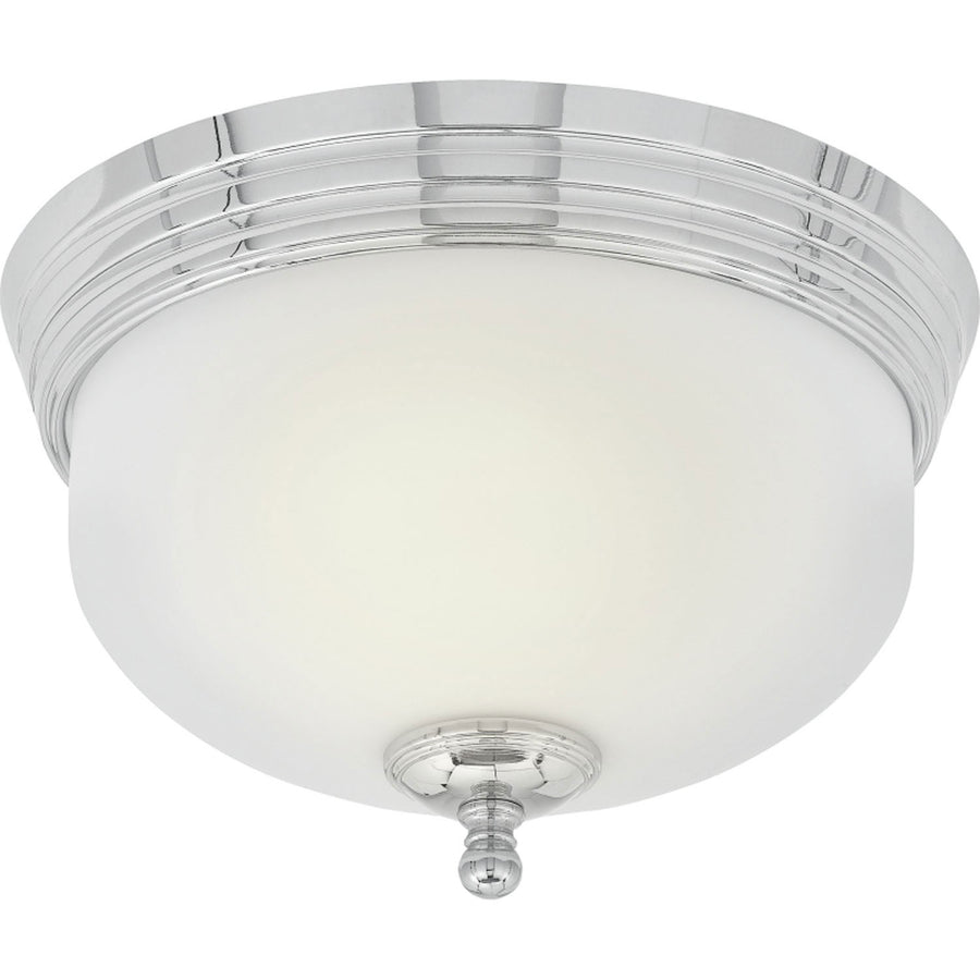 Quoizel Demitri flush mount with a rounded white diffuser, layered Polished Chrome rim and central finial