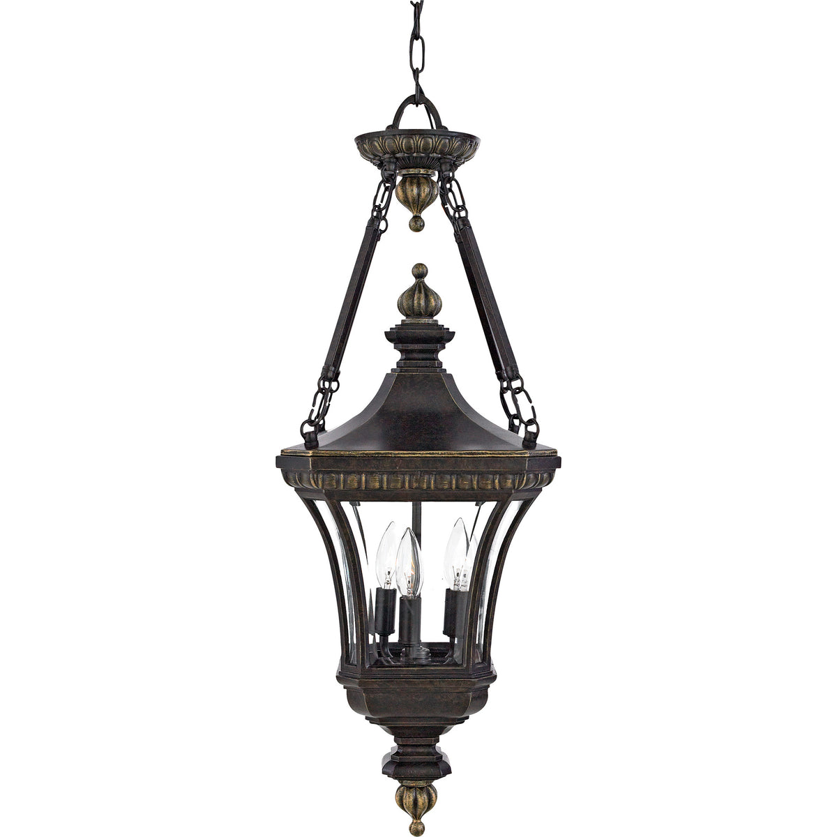 Quoizel Devon DE1490IB three-light outdoor hanging lantern in Imperial Bronze with clear beveled glass