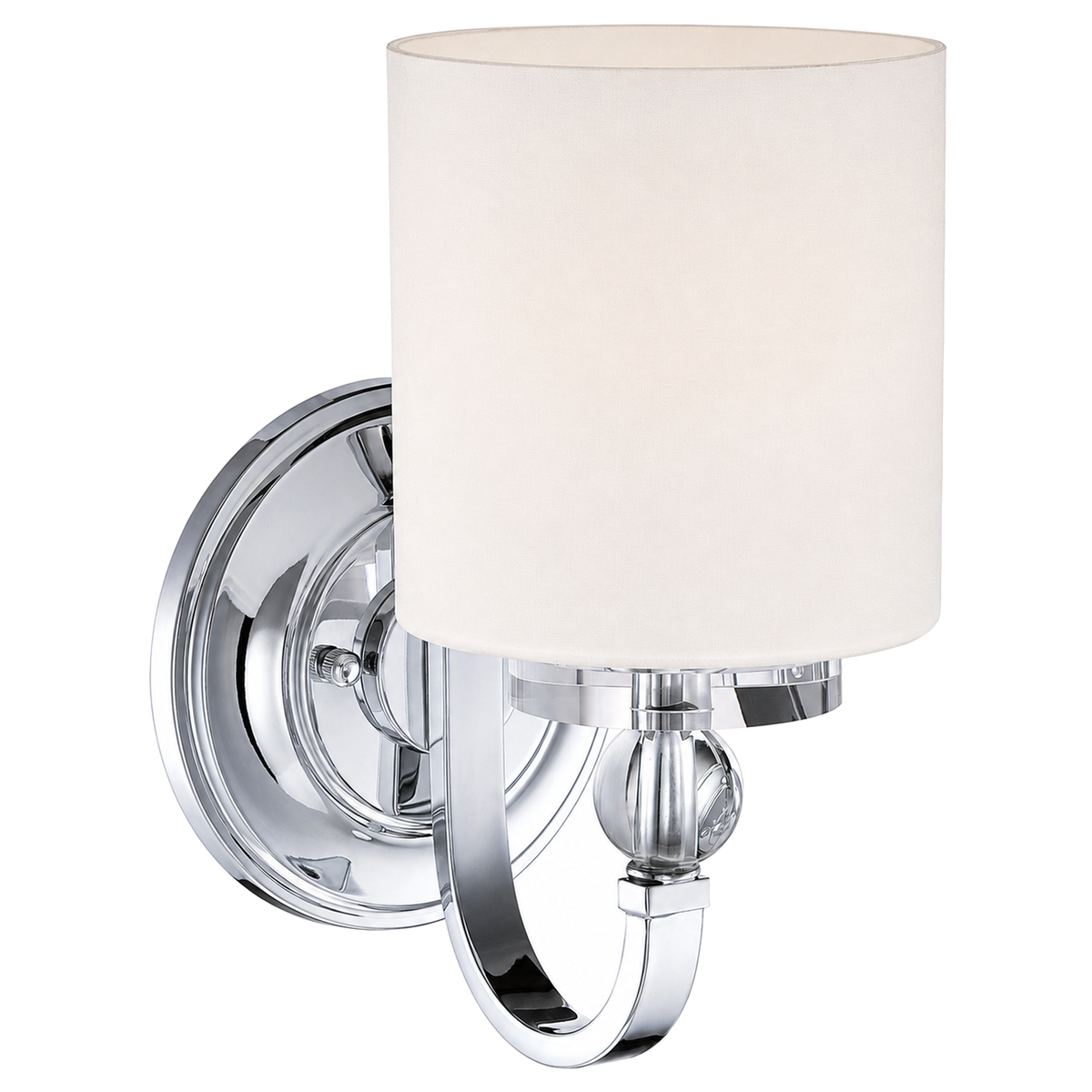 Quoizel Downtown chrome wall sconce with a white shade and clear sphere accent