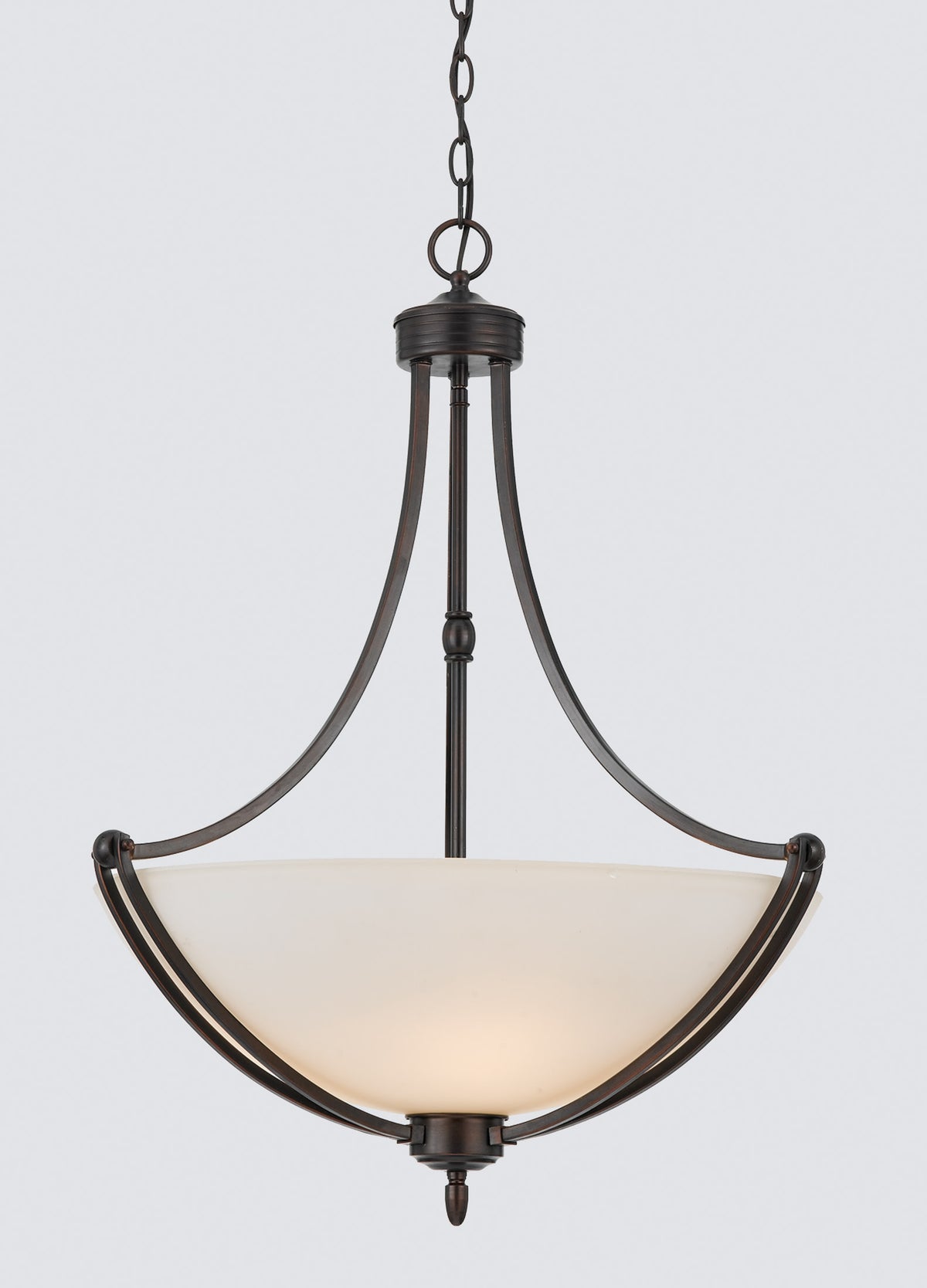 Quoizel DY2825VO bowl pendant with pale glass and sweeping Vintage Bordeaux supports.