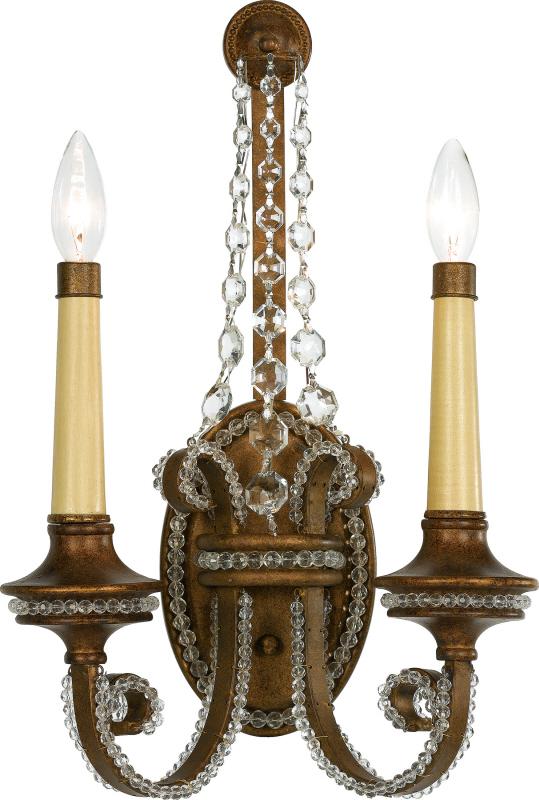 Quoizel EP8702BO wall sconce in Bolivian Bronze with two scrolling candle arms and draped clear faceted accents
