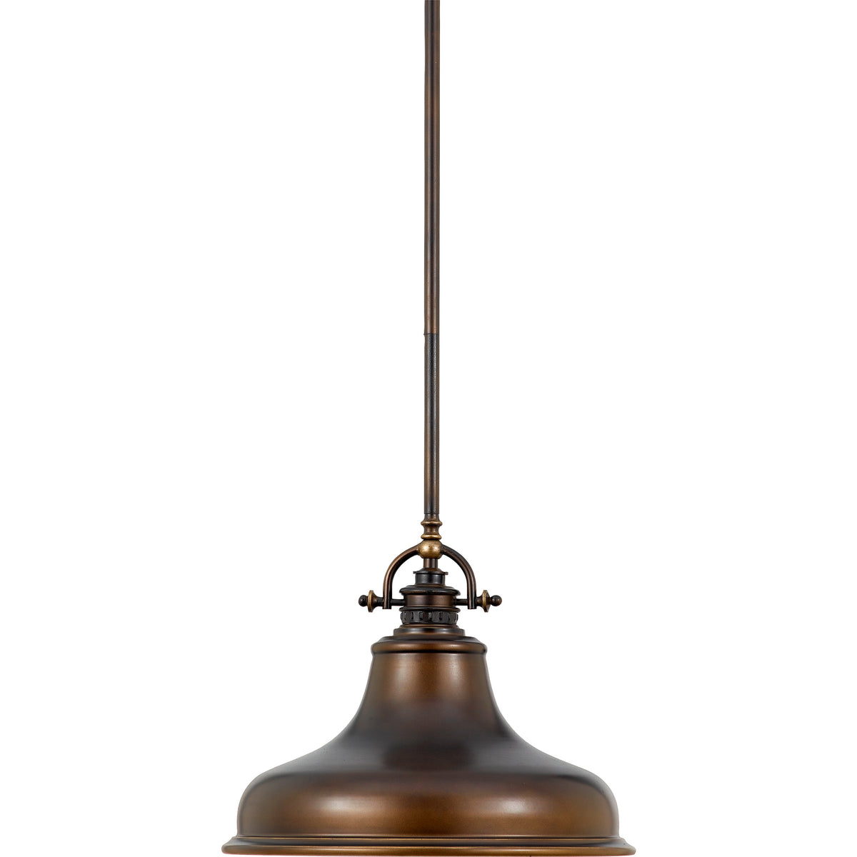 Quoizel Emery Palladian Bronze pendant showing its long stem and flared reflector shade