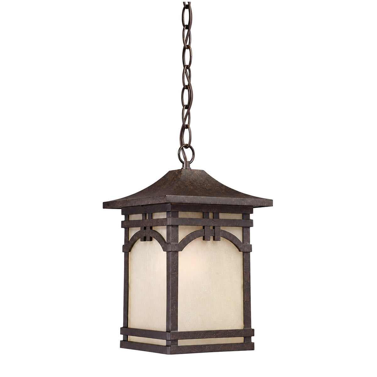 Quoizel ETN1908IB chain-hung lantern with frosted panels, Imperial Bronze rails and curved upper braces