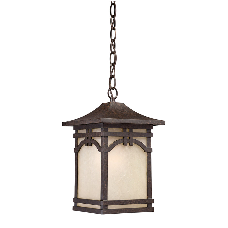 Quoizel ETN1908IB chain-hung lantern with frosted panels, Imperial Bronze rails and curved upper braces