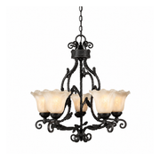 Quoizel Englewood chandelier with five warm scalloped shades, dark scrolling arms and leaf-like ornament.