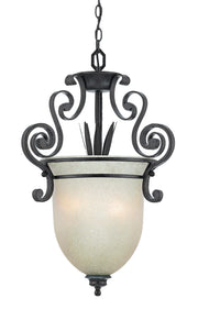 Fairmont pendant with an elongated cream urn-shaped shade, dark scrollwork and a lower finial.