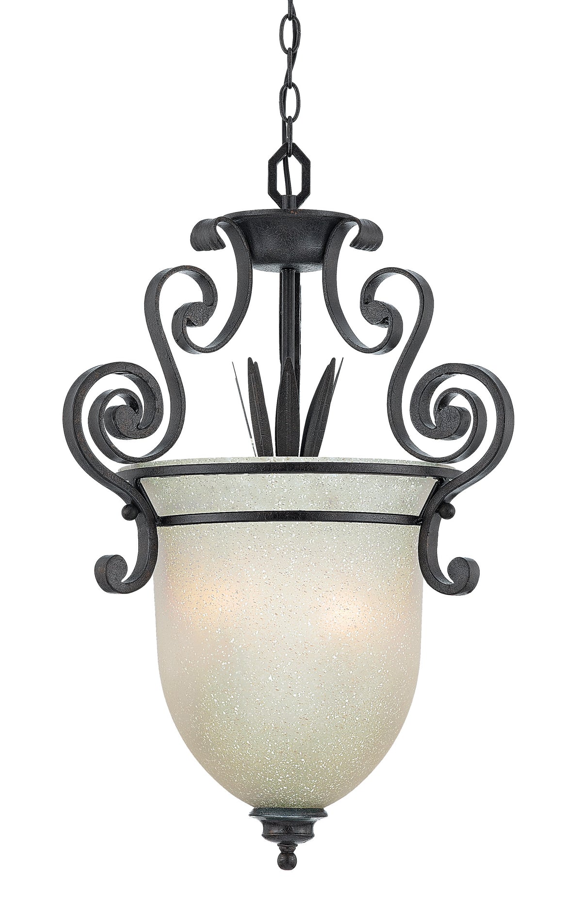 Fairmont pendant with an elongated cream urn-shaped shade, dark scrollwork and a lower finial.