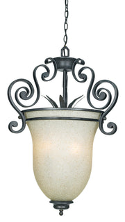 Fairmont pendant with a cream urn-shaped shade, dark scrolling crown and pointed lower finial.