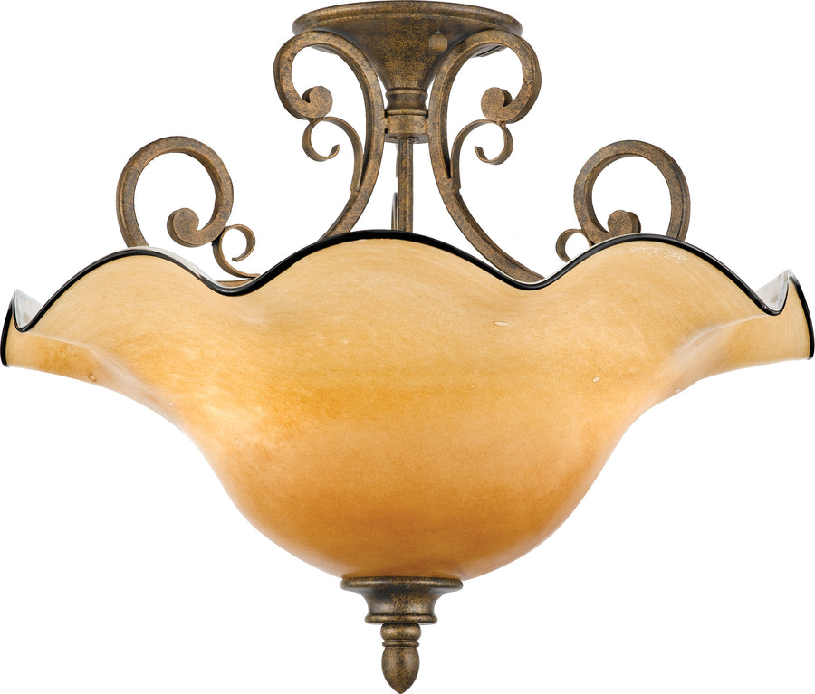 Quoizel FS1718ML bowl semi-flush ceiling light with warm amber glass and ornate scrollwork