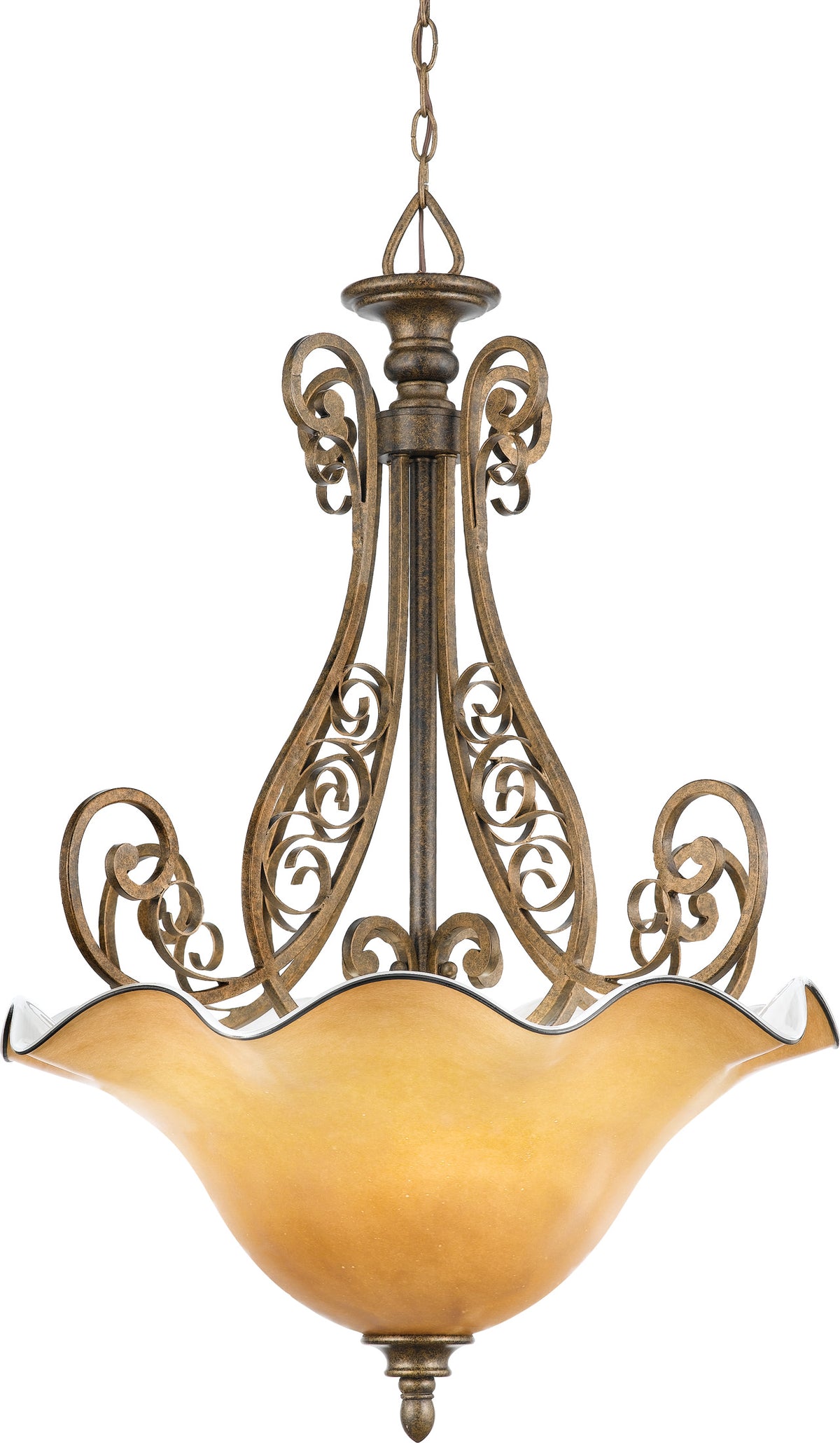 Quoizel FS2826ML pendant with a ruffled amber bowl and tall scrolling Malaga frame.