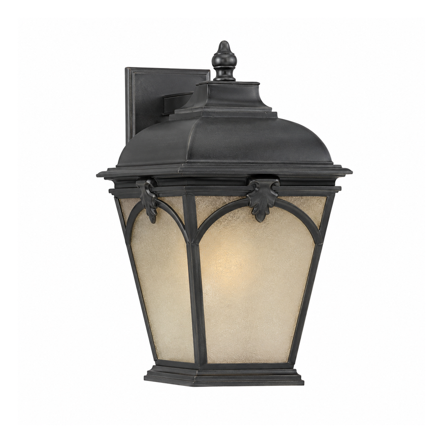 Quoizel Gatehouse Medici Bronze wall lantern with cream panels, arched framing and leaf-like clasps.