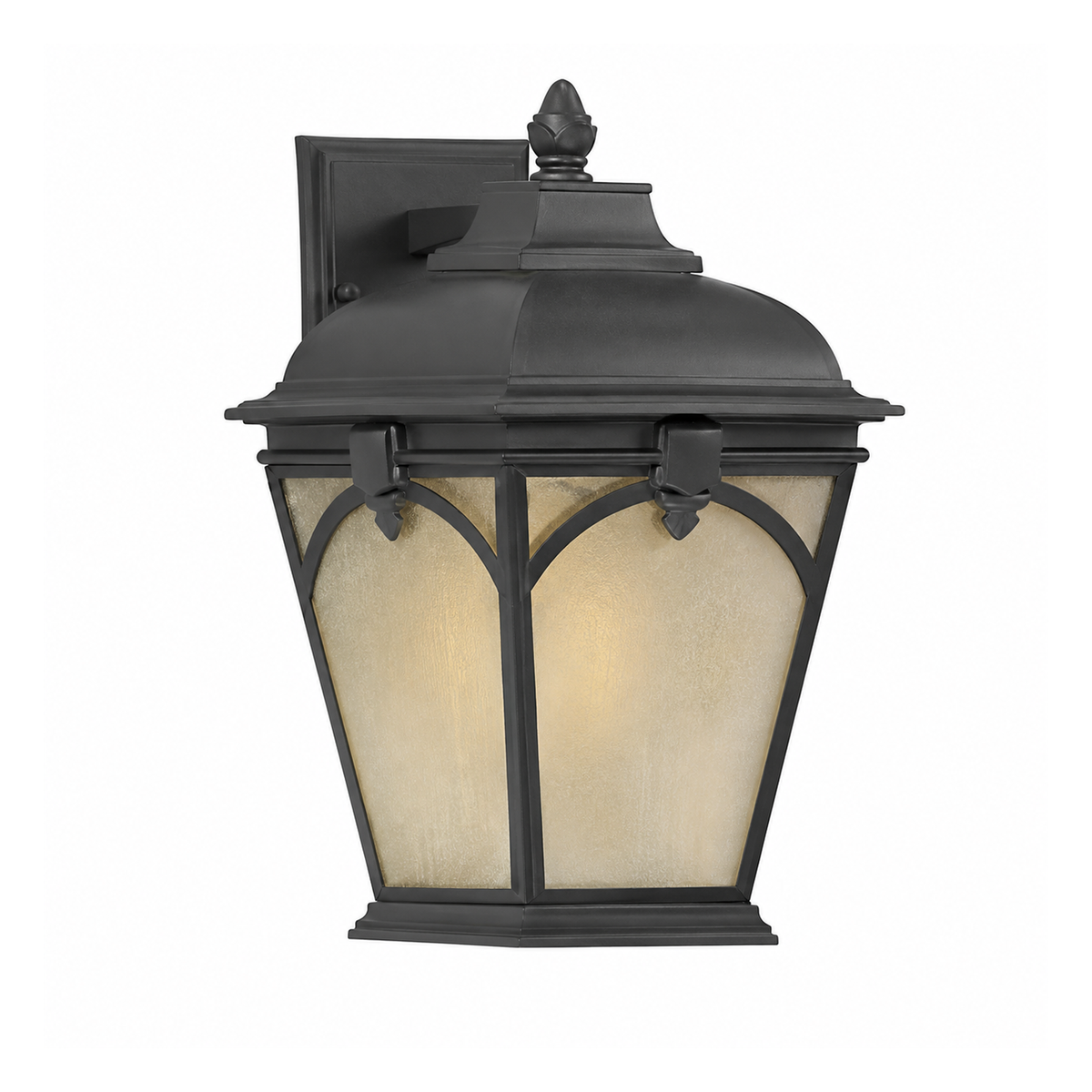Quoizel Medici Bronze outdoor wall lantern with frosted cream panels, arched framing and a decorative cap.