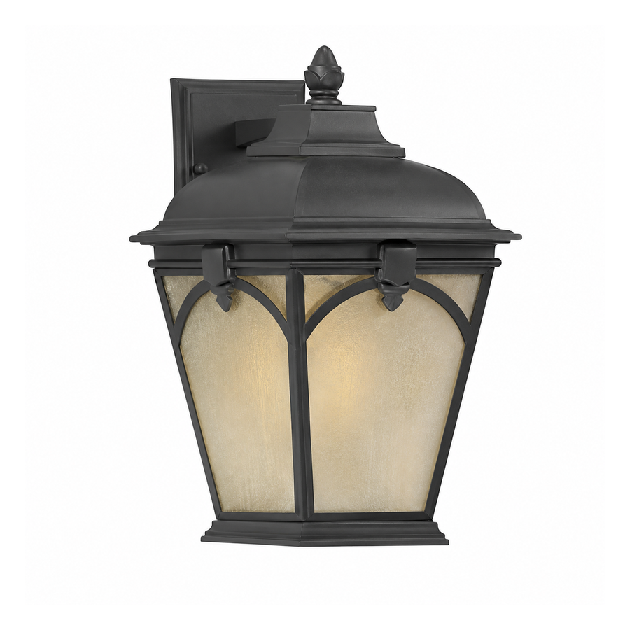 Quoizel Medici Bronze outdoor wall lantern with frosted cream panels, arched framing and a decorative cap.