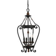 Quoizel Genova GE5204SE mini chandelier with an open scrolling cage and four candle-style bulbs