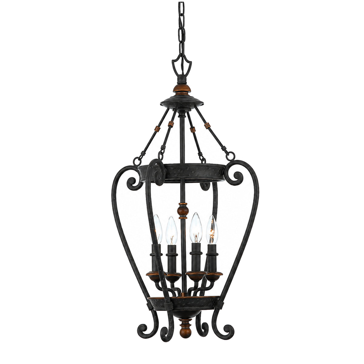 Quoizel Genova GE5204SE mini chandelier with an open scrolling cage and four candle-style bulbs
