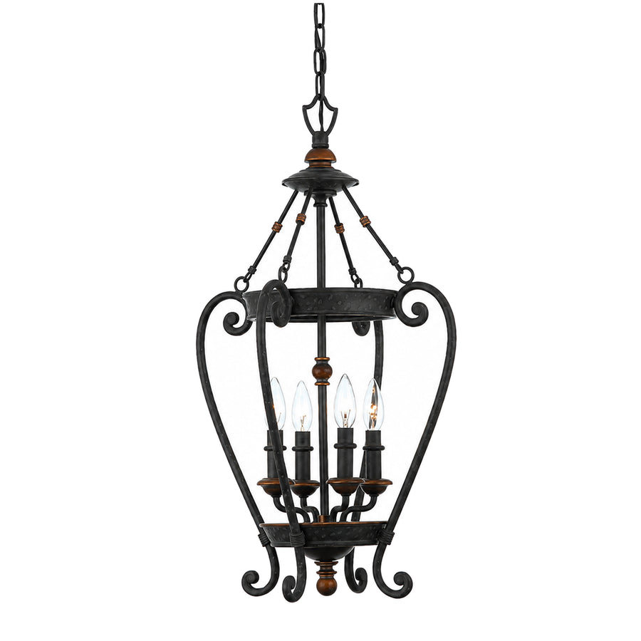 Quoizel Genova GE5204SE mini chandelier with an open scrolling cage and four candle-style bulbs
