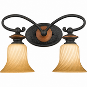 Quoizel Genova GE8602SE vanity light with two amber spiral-textured shades and looping dark arms