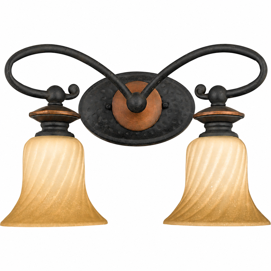 Quoizel Genova GE8602SE vanity light with two amber spiral-textured shades and looping dark arms