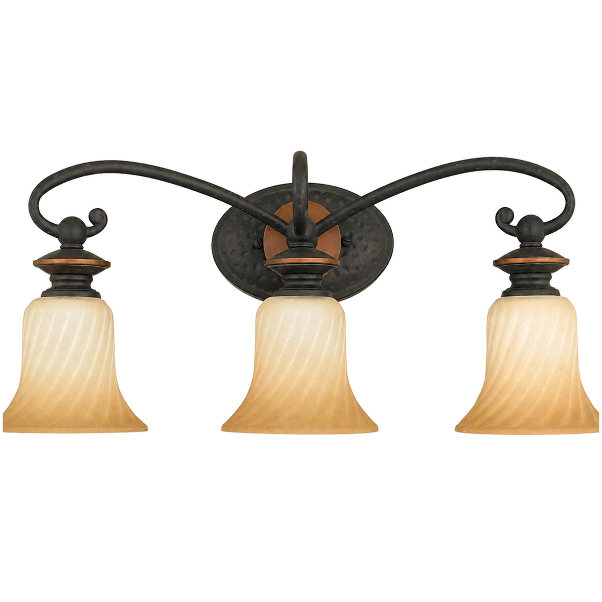 Quoizel Genova GE8603SE vanity light with three amber spiral-textured shades and looping dark arms